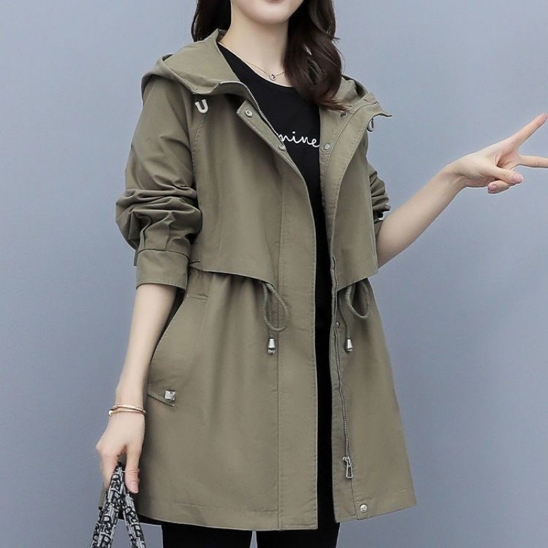 作業服ウインドブレーカー女性のミドル丈 2025 春と秋の新しいスタイルのルーズカジュアルファッションスタイルはフード付きジャケットのトレンドを克服します