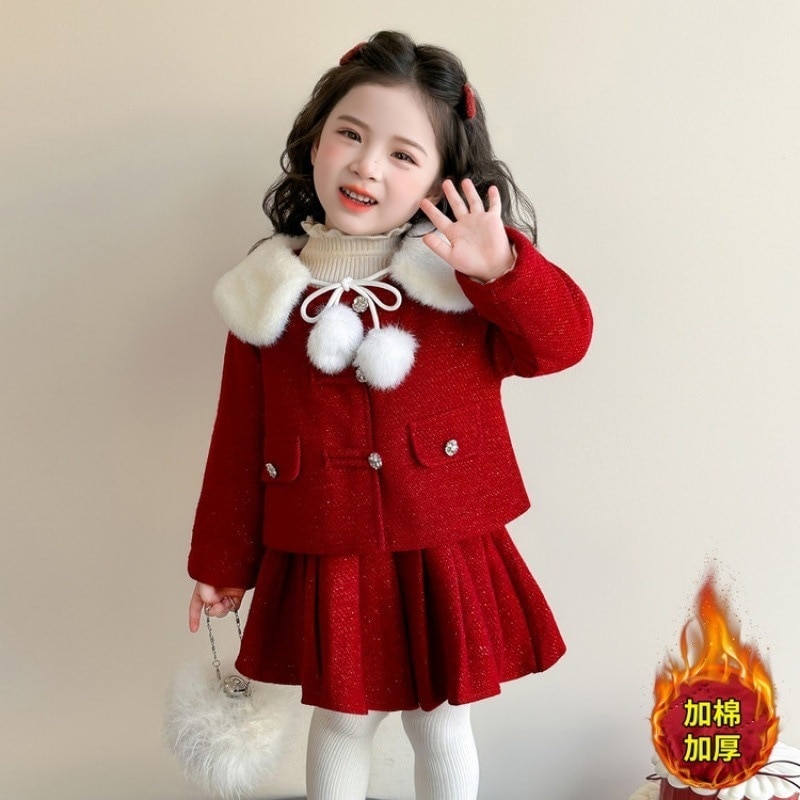 女の子プリーツスカートセット2026新作 ベビー冬厚手正月服 キッズ セットアップ