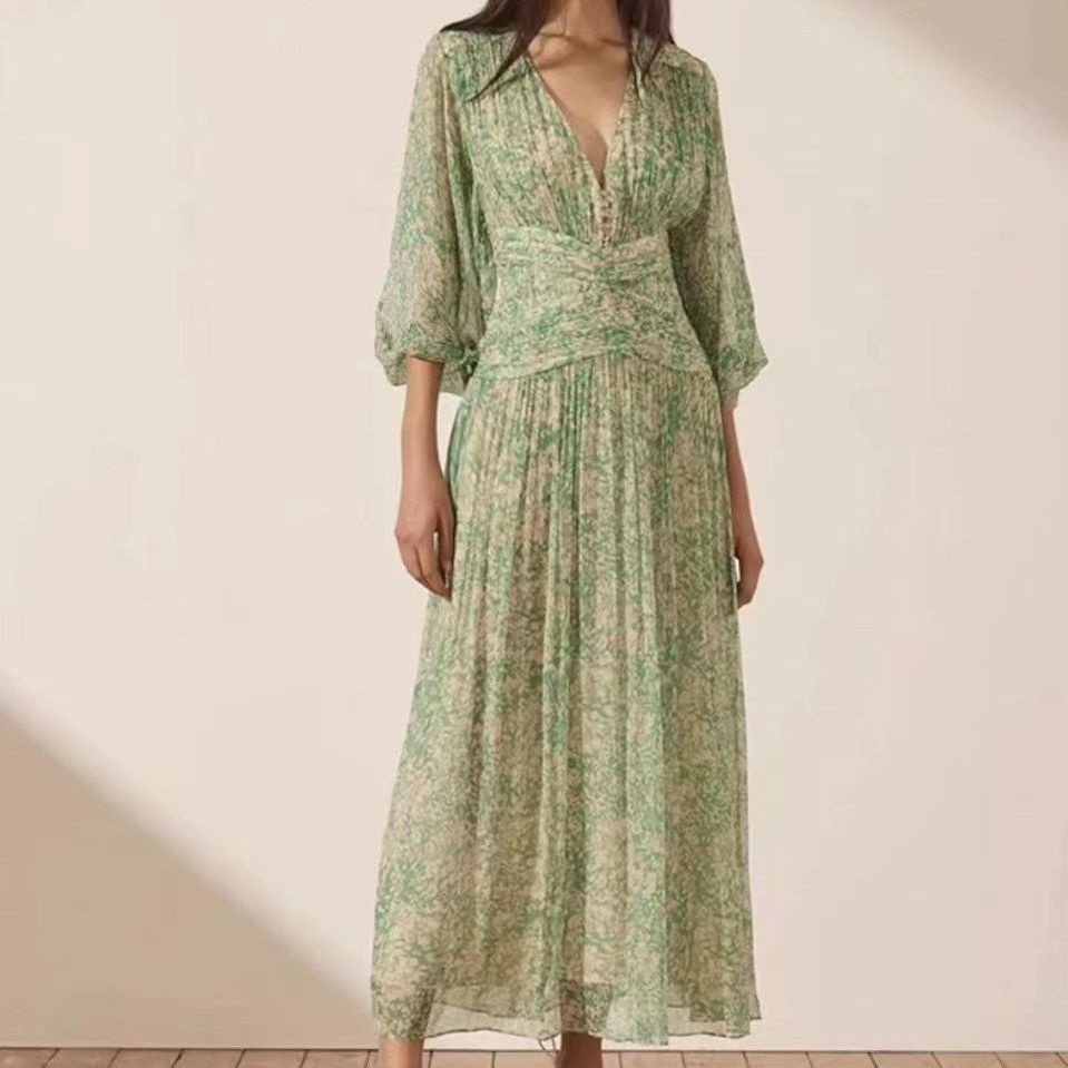 2023秋vネックパフスリーブ花柄シフォンプリーツロングワンピースレディース