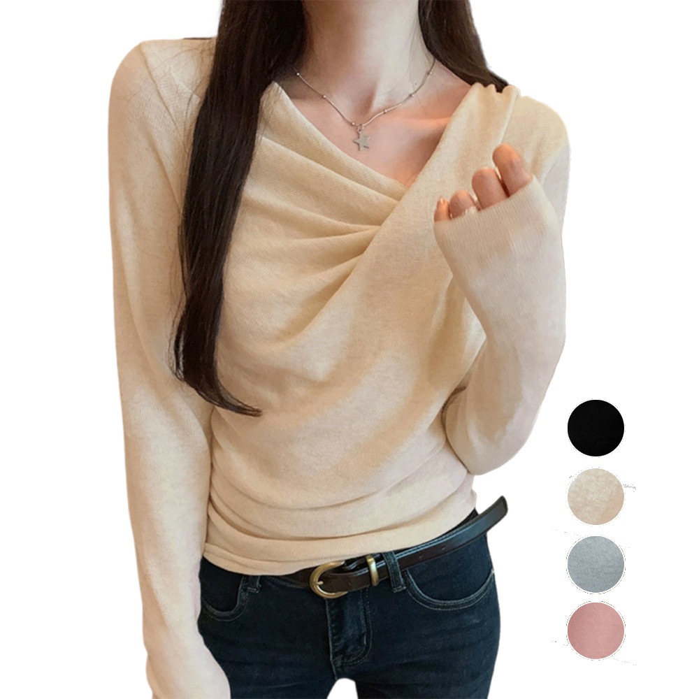 長袖ドレープニット トップス Vネック 秋冬 美しい胸元 プルオーバー レディース 柔らかい きれいめカジュアル 韓国風 ニットソー 90CHENXINI-025