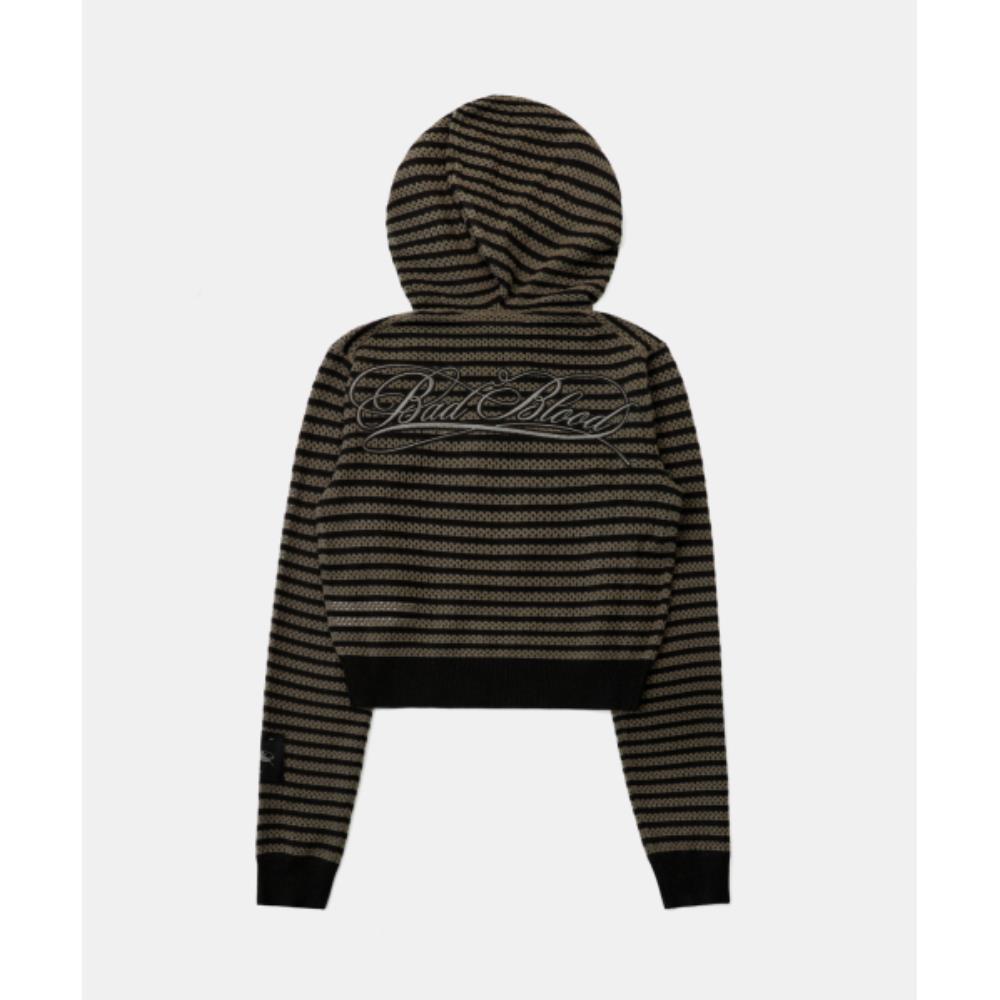 BADBLOOD Striped crochet knit hooded zip-up khaki brown