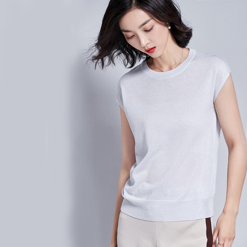 袖なしニットtシャツ女性夏服金銀線薄いゆるいTシャツカットソー女性アンダーウェア