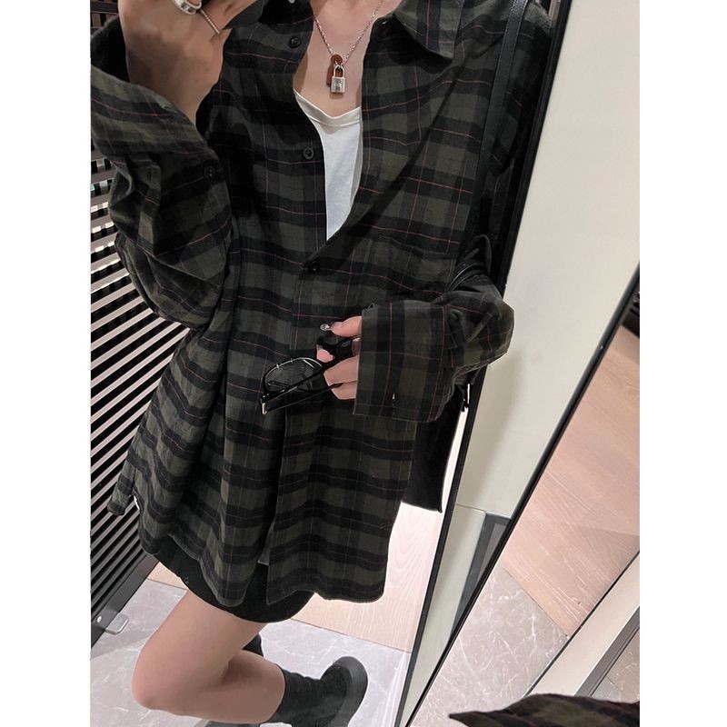 緑 チェック シャツ レディース 長袖 アウター ゆったり リラックス風 chic 高級 レトロ シャツ カーディガン アウター671333