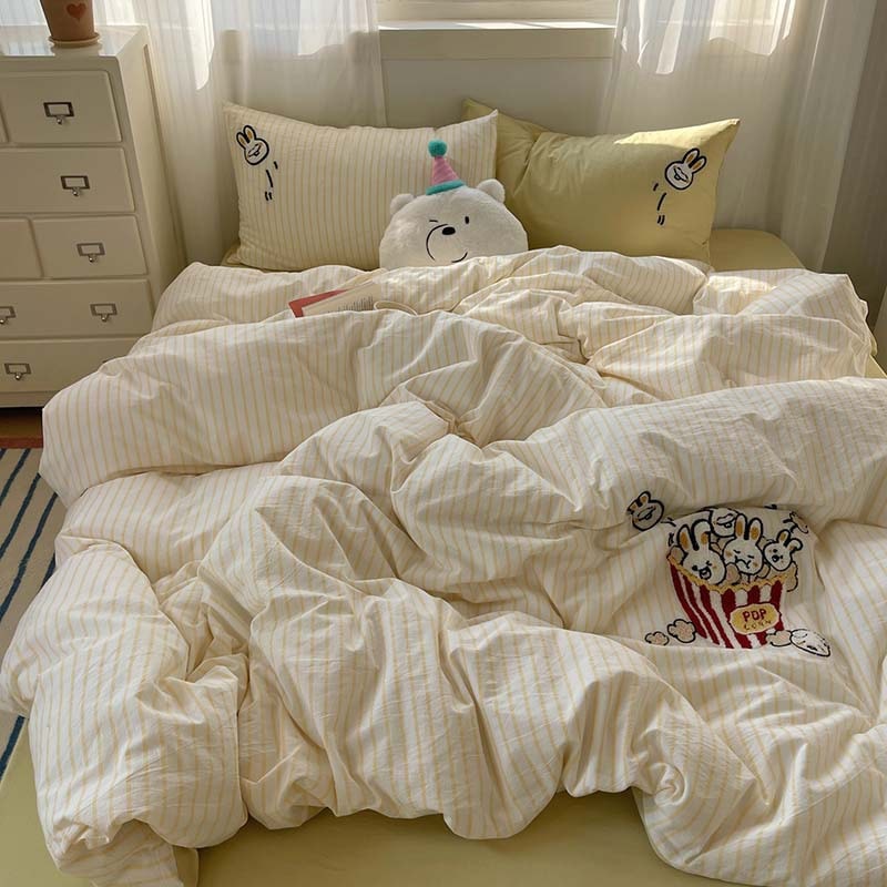 Ins Cream Style Class A Full Cotton Washed Cotton Four-piece Set 100 Pure Cotton Cartoon Quilt Cover