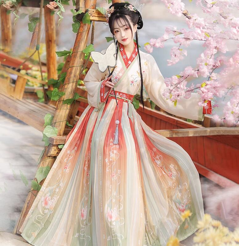 3色　唐装漢服　グラデーション　レディース中国古風振袖中華シャツ+ロング丈スカート3点セットアップ　刺繍　仙女古典美人服 チャイナ服 仮装 学園祭文化祭 中国古代衣装 女性 舞台衣装 コスチューム写真