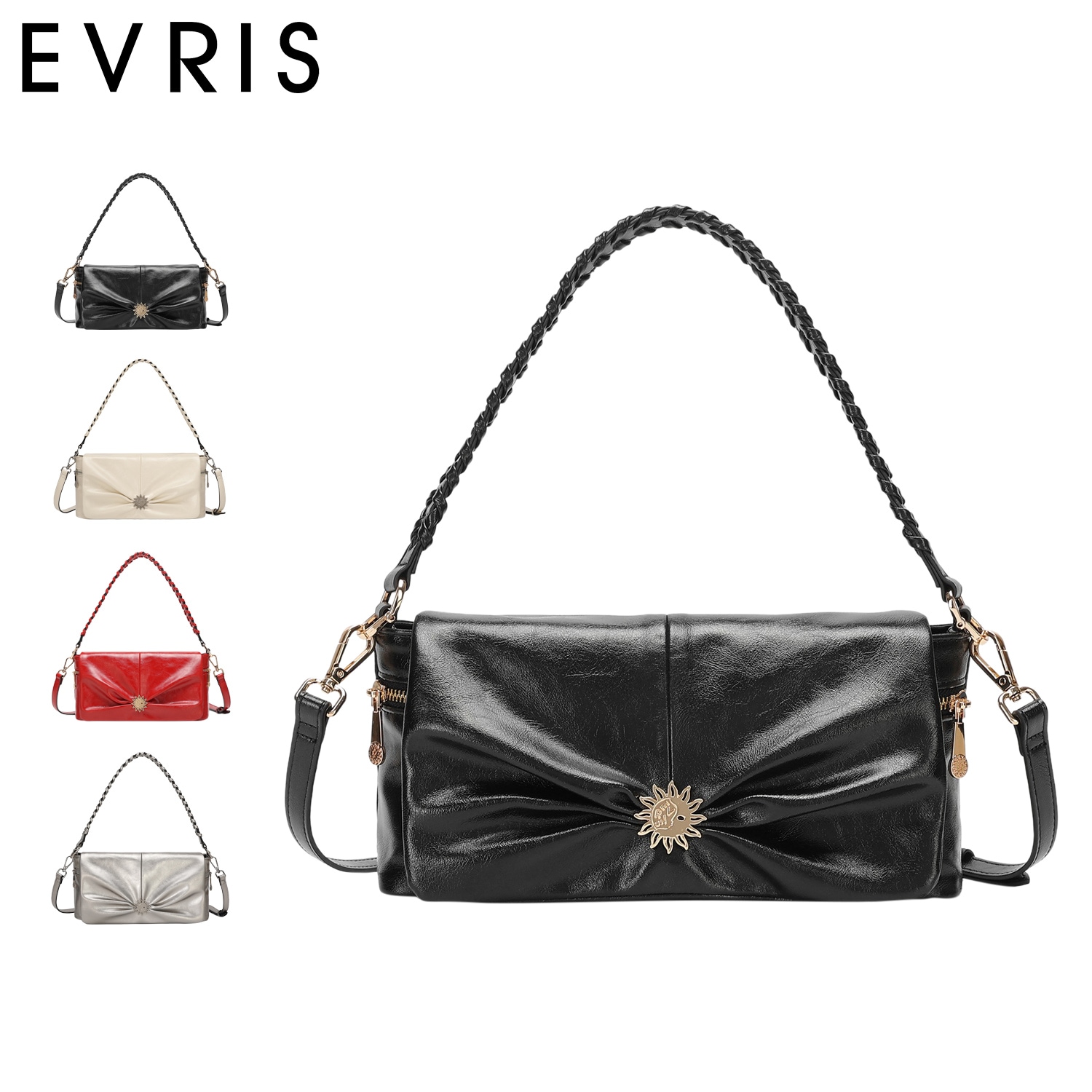 ショルダーバッグ レディース 斜めがけ 大人 軽量 サニー ギャザー フラップ ブラック グレージュ レッド シルバー 黒 EVR-20280B