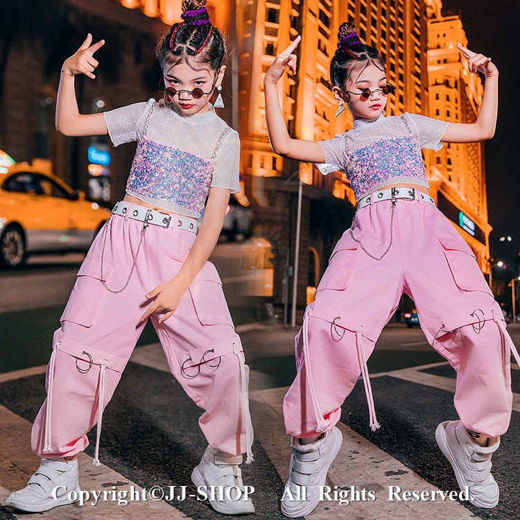 3点セット タンクトップ ズボン スパンコール キッズ 社交ダンス ジャズダンス ガールズ チア ユ