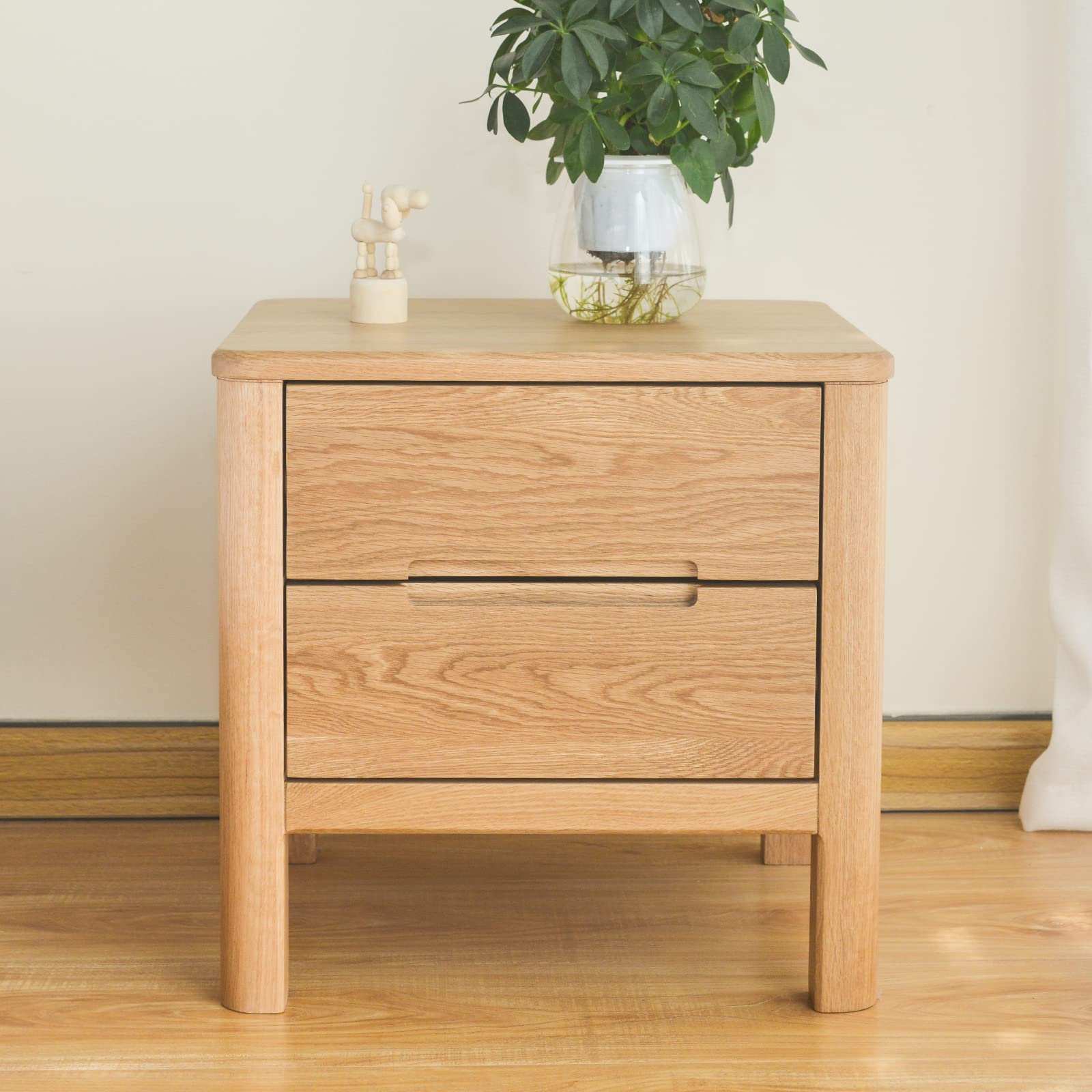 ナイトテーブル ベッドサイドテーブル ソファサイドテーブル ２引き出し付き おしゃれ 可愛い 木製 ホワイトオーク 無垢材 組立不要 角丸加工 ベッド周り収納 ベージュ 幅45×奥40×高さ44cm
