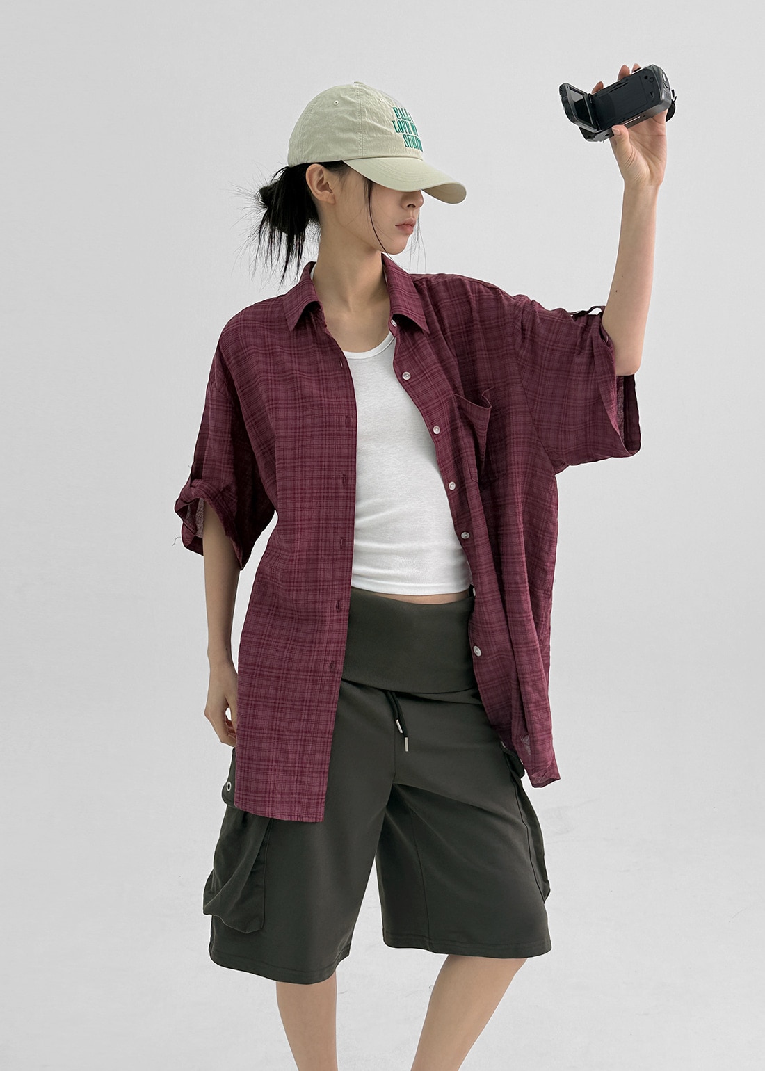 (UNISEX)ジェンシェルロールアップルーズフィット半袖チェックシャツ