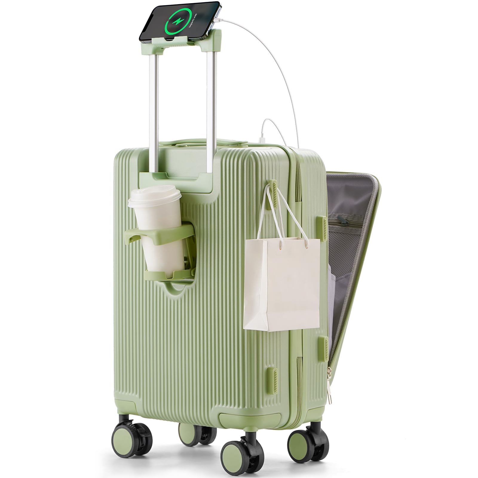 [RIMUKE] 前開き スーツケース 機内持ち込み キャリーケース パソコン収納ポケット USBポート付き カップホルダー付き キャリーケース 超軽量 360度回転 耐衝撃 ック 静音 旅行 ビジネ