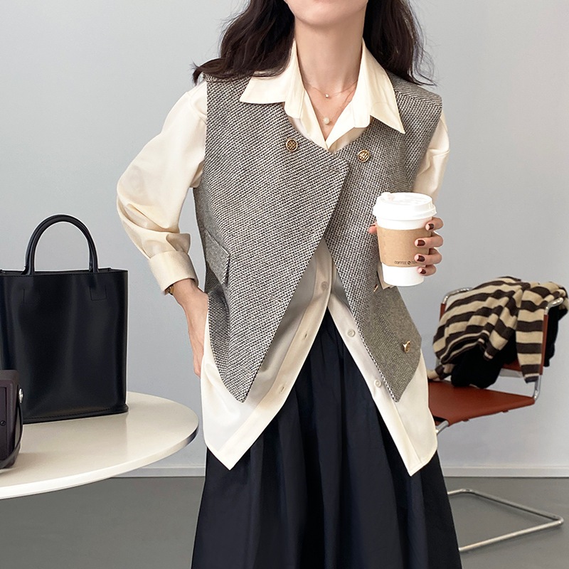 【送料無料】レディース 2カラー ベスト ジレ ツイード フロントオープン ゴールドボタン