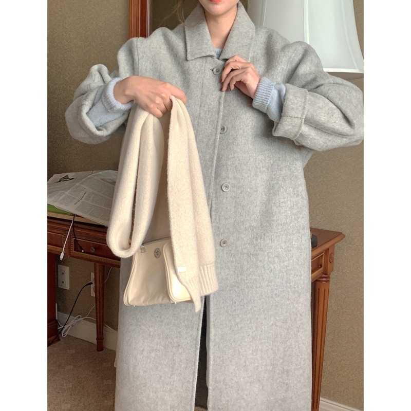 韓国レトロカジュアルロング隠しボタンデザインウールバックスリットレースアップウールコート