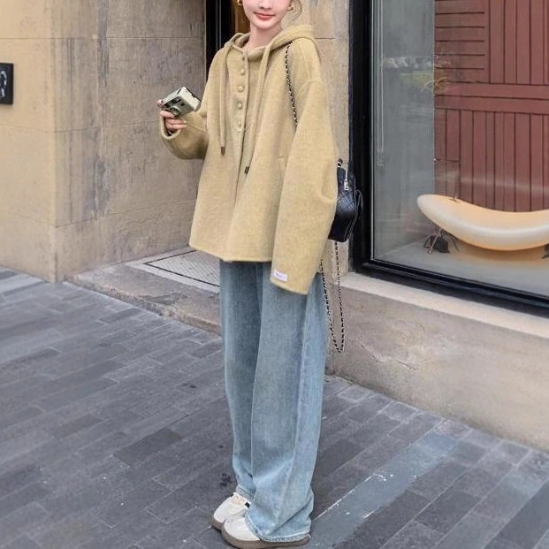 コート秋冬新作アウター小柄ゆったりショートフードきウールトップス