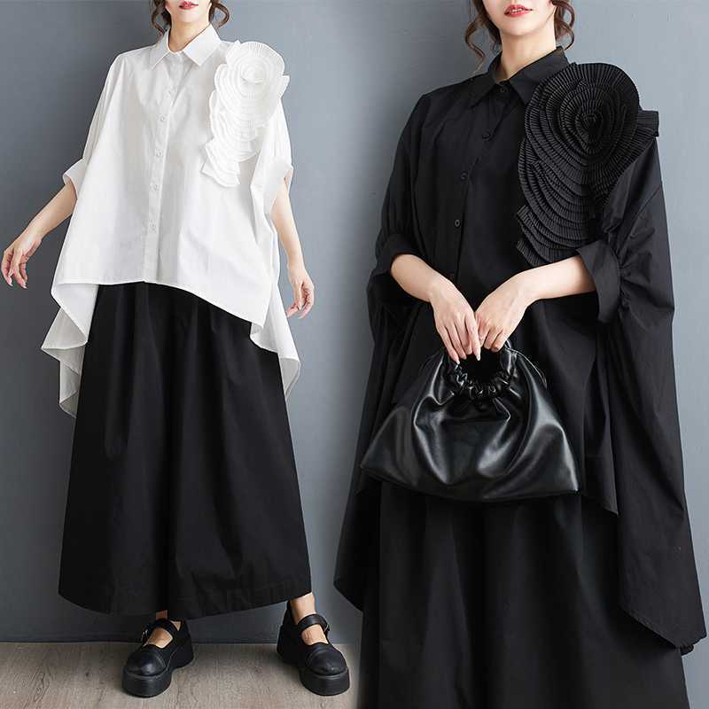 ロンT コサージュ 2024夏 ゆったり 大きいサイズ シフォンブラウス 母日 体型カバー ロングブラウス 前短後長 「ファットガール」 無地 ブラウス メガ割 半袖 花飾り チュニック レディース