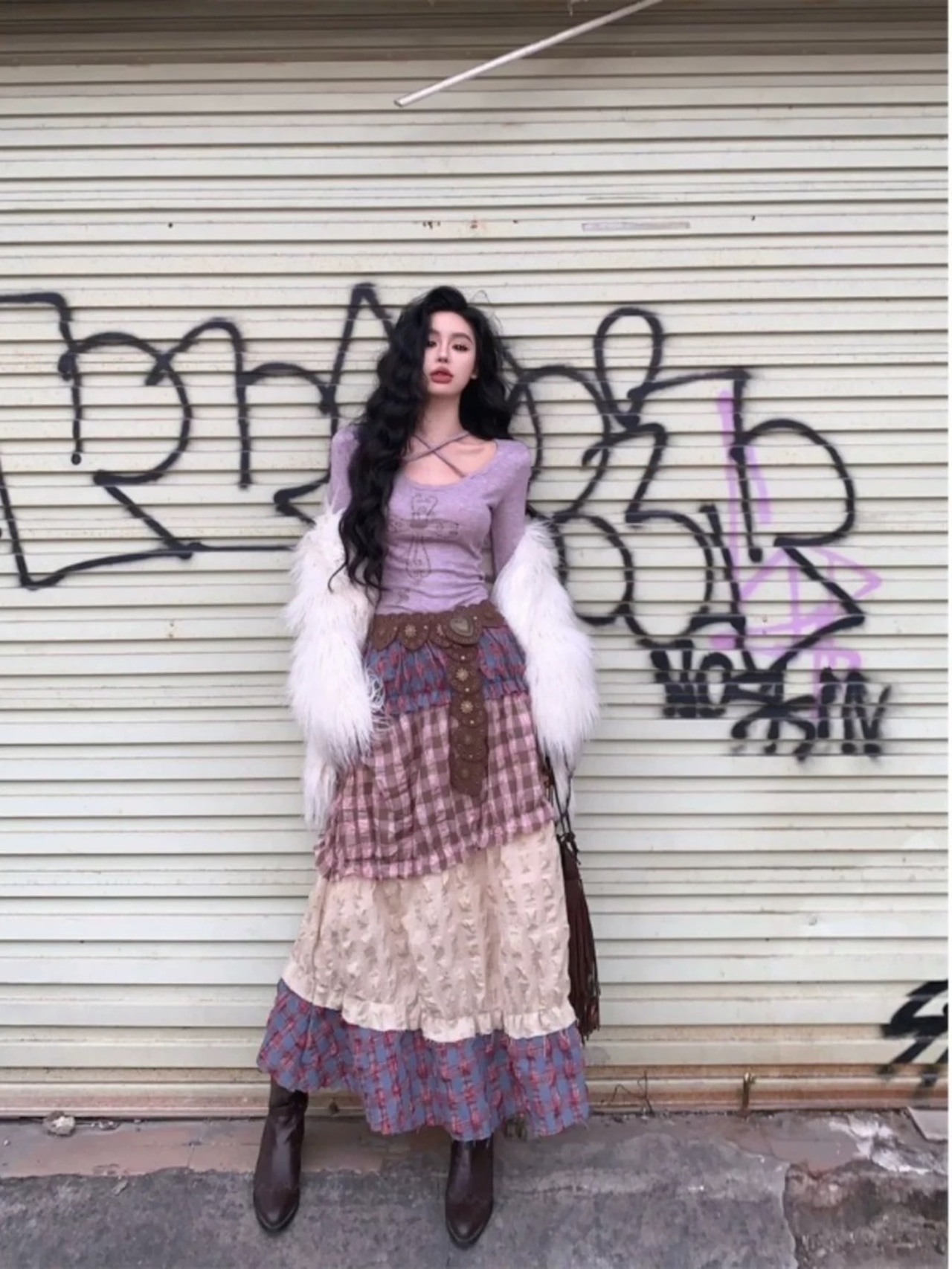 【セット】異素材ミックスチェックスカート＋クロス長袖トップス セットアップ 上下セット 2点セット ロングスカート 長袖 チェック柄スカート カットソー トップス 大人可愛い きれいめ 大人 上品 お