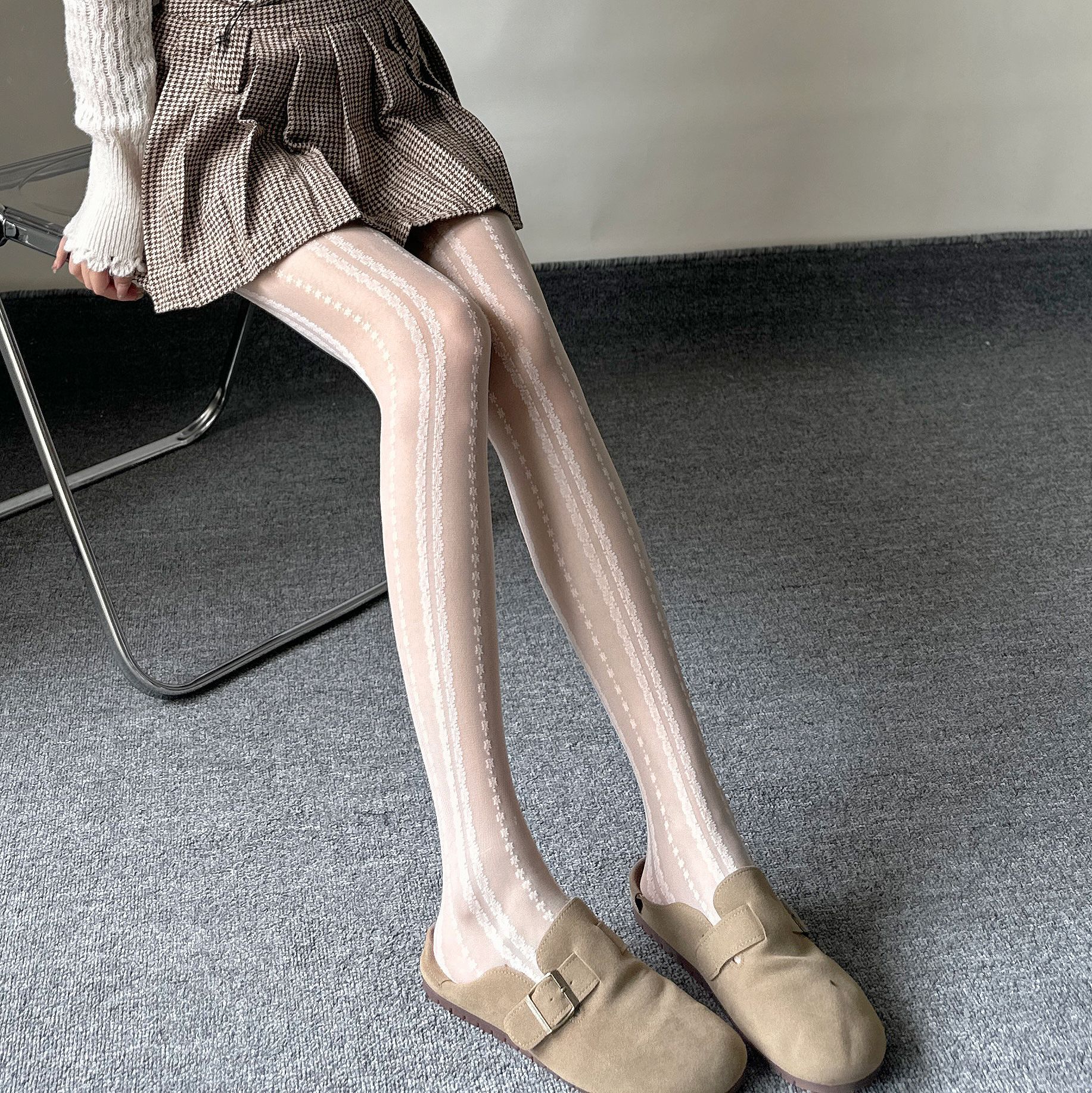 【1つ買うと10つ無料】レトロな垂直レース ホワイトストッキングロリータ薄い純粋なセクシーなスリムな脚ベースパンスト