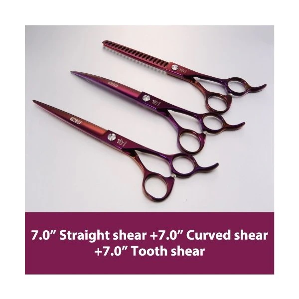 フェニスプロフェッショナルペットグルーミングハサミセットパープルカーブ+シンニング+カッティングシアーキット犬用 7.0 set