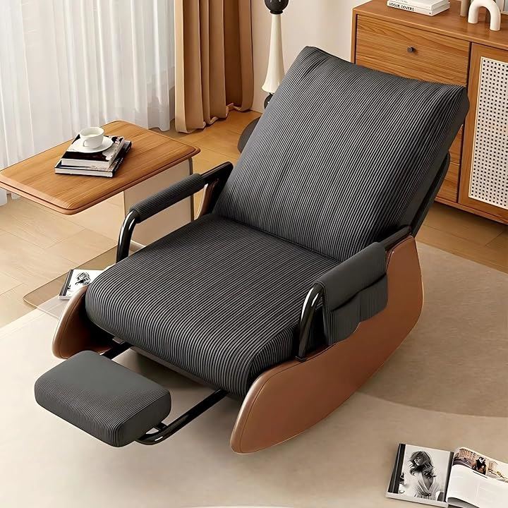 ロッキングチェア リラックスチェア 背もたれは3段階調節可能 リクライニングチェア 揺り椅子 モダン 通気性 角度調節 ゆったり ハイバックチェア(ダークグレー, オットマン付き)