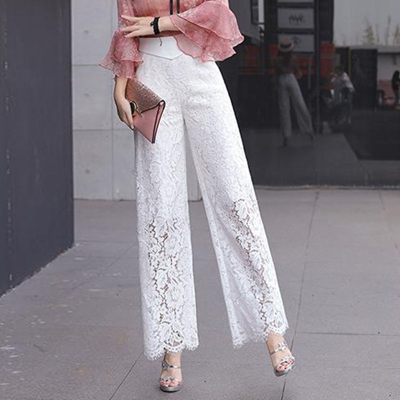 ホワイトレースワイドレッグパンツレディーススプリングハイウエストシンハイドレープストレートカジュア 4,928円
