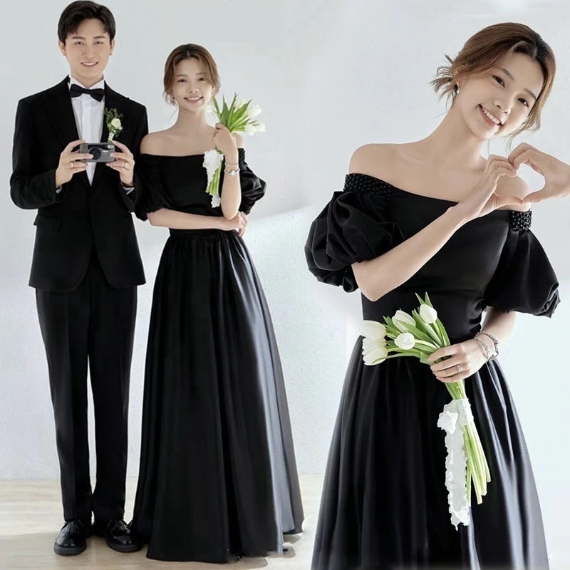 パーティー2025 人気 新作 高級感 ワンピース 花嫁ロング ウェディング 結婚式ワンピース 演奏会 韓国ファッション 結婚式 お呼ばれ ブラック