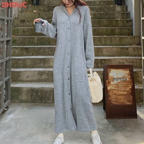 [メガ割りSALE]起毛サイドボタンフードニットロングワンピース