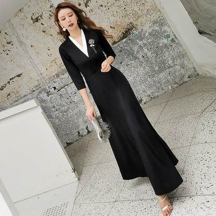 ロング ドレス パーティードレス 黒 袖あり スーツ風 ワンピース カッコイイ 個性的 無地 スレンダー ビジュー 結婚式 二次会 お呼ばれ フォーマル 演奏会 ピアノ 発表会 ドレス ワンピース 大