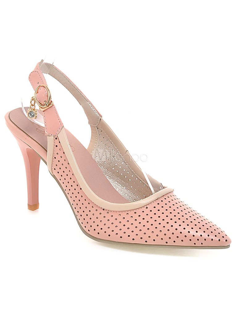 女性のためのピンクのポインテッドトゥカットアウトPUレザーミッドローハイヒール