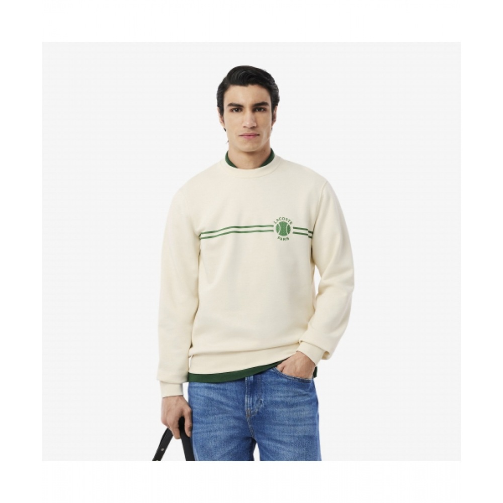 LACOSTE メンズテニスストライプスウェットシャツ [クリーム]