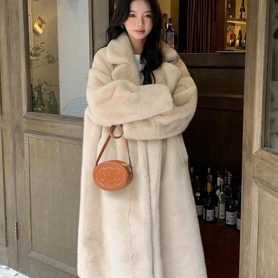 モコモコミンクロング丈ゆったり厚手毛皮一体スーツ襟毛皮コートEC1710 可愛らしい人工ファー 韓国ファッション レディース毛皮アウター