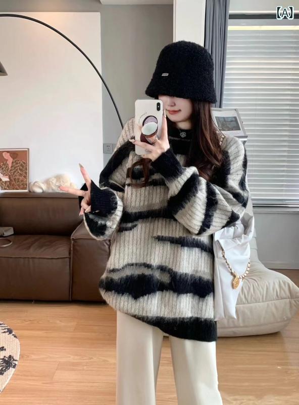 レディース トップス セーター パーカー オシャレ 韓国 カワイイ カジュアル カーディガン 長袖 ニット 秋冬 春 インナー デザイン ルーズ 　 美式レトロ馬海毛ボーダー柄セーターミドル丈ラウンド