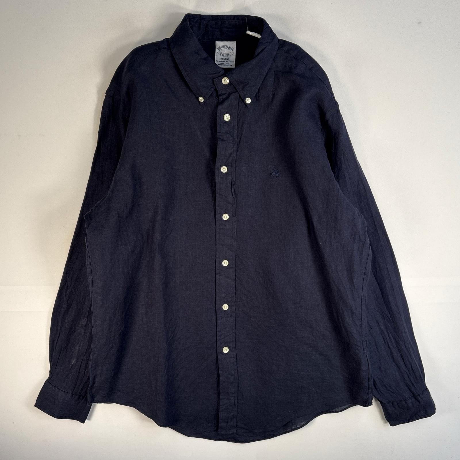 古着 長袖シャツ ロゴ 刺繍 リネン ボタンダウン L ネイビー系 無地 メンズ