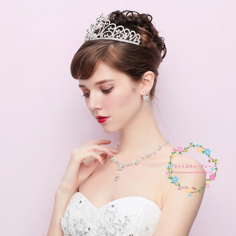 ティアラ クラウン ネックレス ピアス/イヤリング 3点セット 結婚式 髪飾り 花嫁 パーティー 披