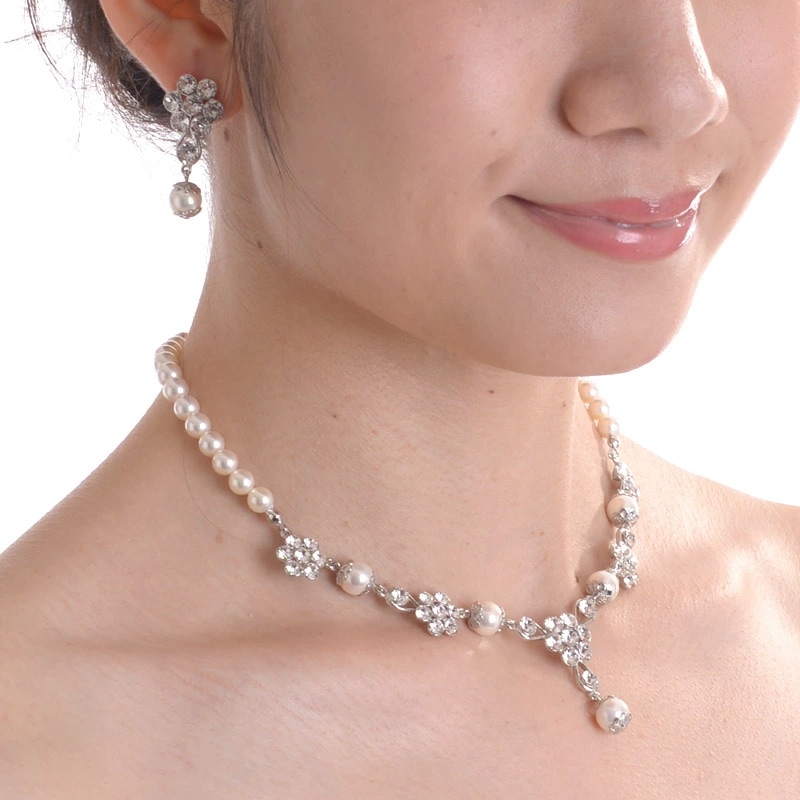 ネックレスイヤリングセット ピアスセット 1513 化粧箱付 日本製ブライダルアクセサリー 結婚式 花嫁 ウェディング パーティー スワロフスキー 本貝パール