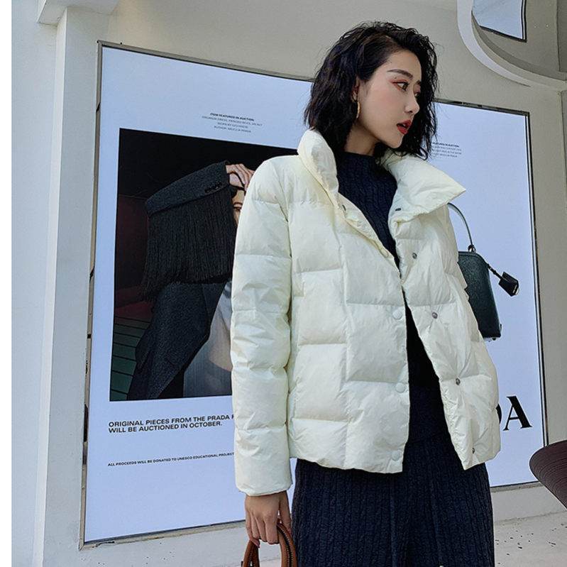 クーポン ダウンジャケット レディース ショート丈 ダウンコート フェザー 防寒着 厚手 着膨れ感なく 立ち襟 薄手 防寒 撥水 おしゃれ ナチュラル ウォーム 黒 上品 冬物 光沢感 個性的 通勤