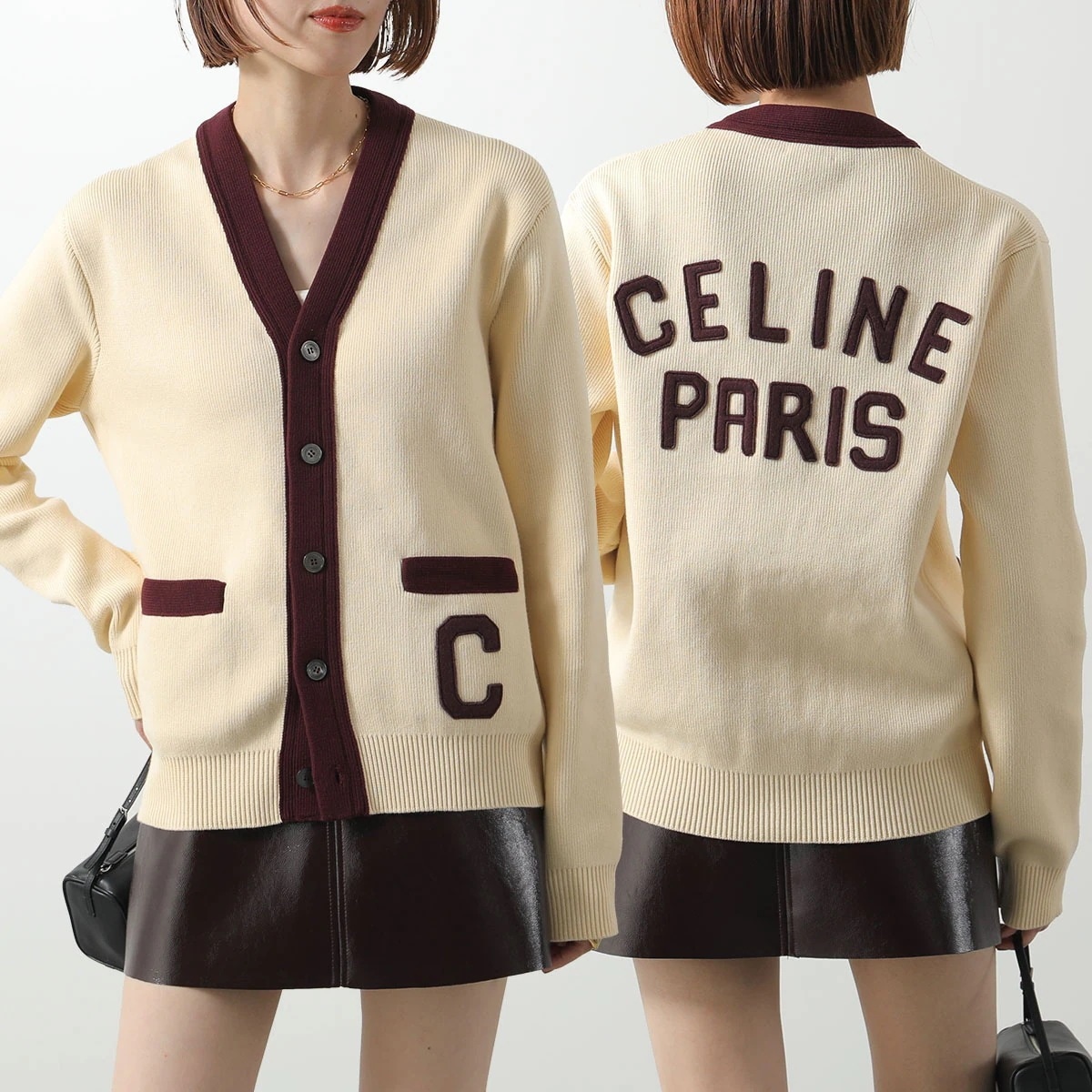 CELINE セリーヌ カレッジカーディガン RV08I192W.01EZ レディース メンズ ニット リブ コットンブレンド ルーズフィット Cパッチ Vネック ライトイエロー