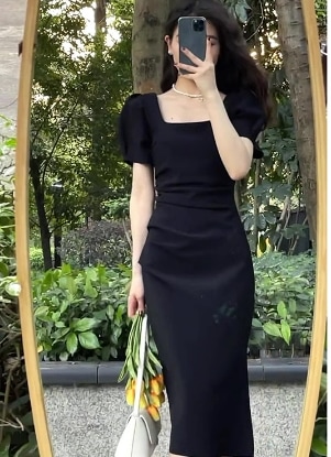 ミモレ丈ワンピース ミニワンピース ワンピース ミニ ミニ丈 ショート ショート丈 袖あり 半袖 パフスリーブ スクエアネック スリム タイト 細身 ストレート 快適 着心地 かわいい 大人可愛い