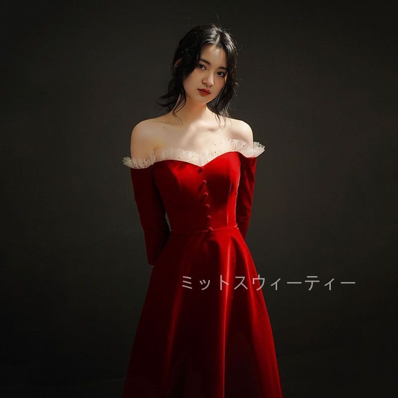 ロングドレス カラードレス マキシ丈 赤 ベルベット 演奏会 オフショルダー 発表会 袖あり 披露宴