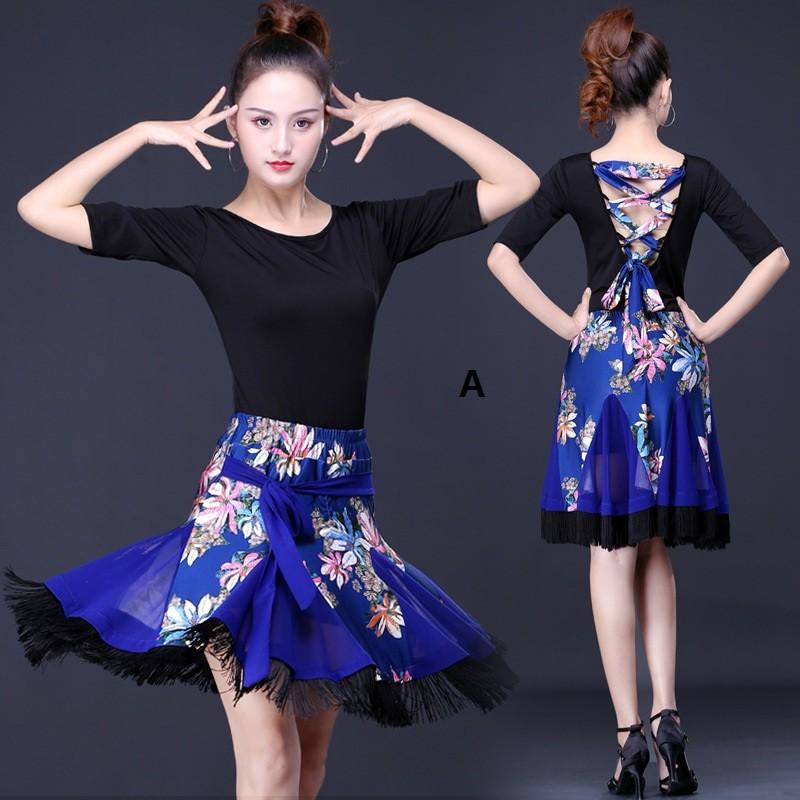 社交ダンスドレス 練習着 【1～3日で出荷】五分袖 競技 レディース 上下セット チャチャチャ ラテンドレス セパレート 膝丈 演出着 ステージ衣装 トップス+スカート花柄