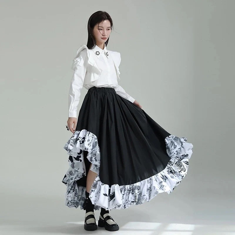 【J.Fashion】 裾飾り 花柄 ドッキング スカート プリーツスカート ゴムウエスト マーメイドスカート レディーススカート ロングスカート ティアードスカート メガ割30%までに制限