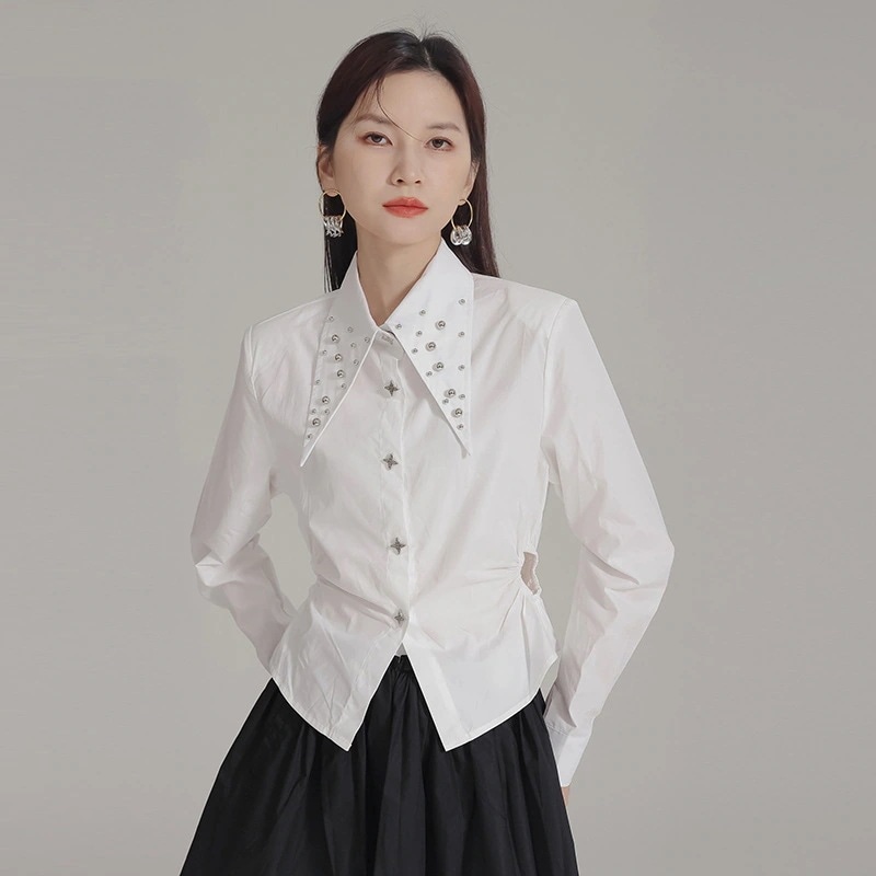 【J.Fashion】 2024新品 長袖 ブラウス リベット飾り ショート レディース シャツ 関連商品は店で購入可能30%までに制限