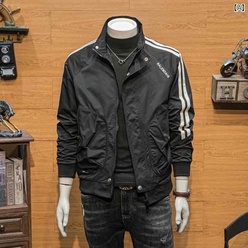 メンズ ファッション コート 春秋 ストライプ ステッチ スタンドカラー ジャケット ワークウェア トップス