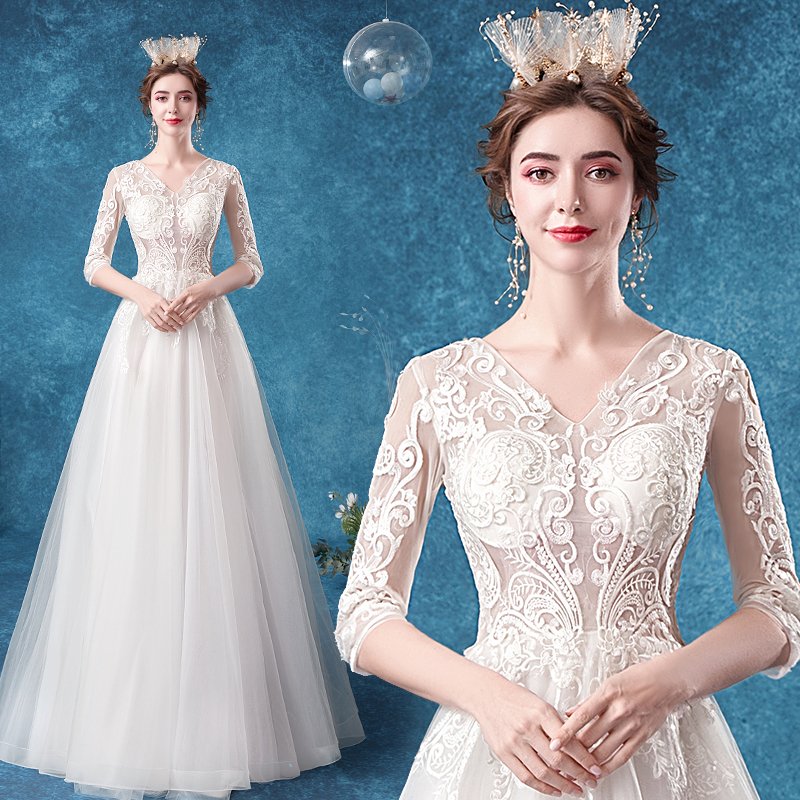 ウエディングドレス aライン 袖あり 安い ウェディングドレス 花嫁 結婚式 白 パーティードレス レース 二次会 ブライダル ロングドレス イブニングドレス