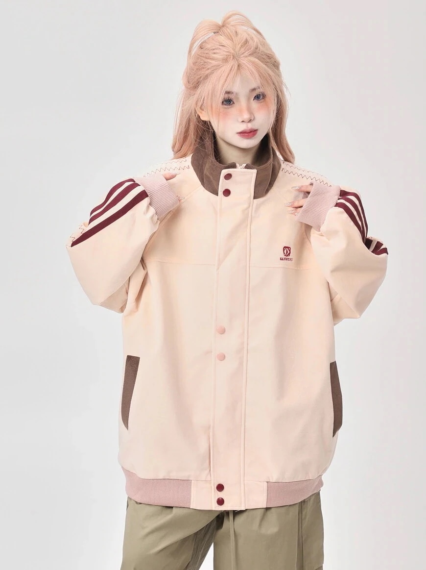 25韓国かわいいレディース ックスタンドネックアウターアメカジ パッチワークブルゾンお出かけ長袖セクシーシルエットトップスサイドカジュアルファッション系サイズお出かけフル丈トラックEC921