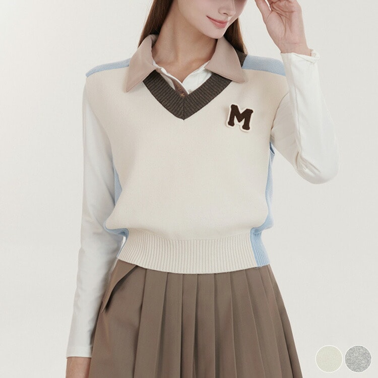 ゴルフウェア ベスト レディース 韓国 ニット 配色 プルオーバー トップス ワッペン Vネック
