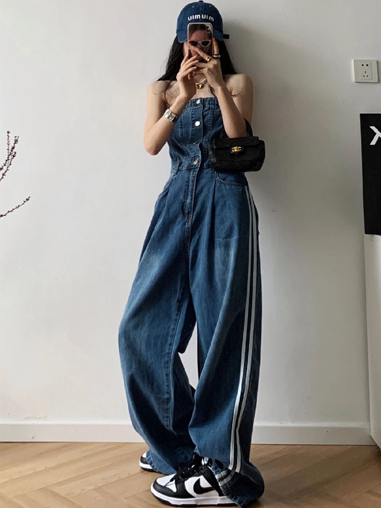 サイドラインデニムベアオールインワン チューブトップデニムジャンプスーツ デニム ベア ジャンプスーツ オーバーオール コンビネゾン オールインワン ベルボトム つなぎ セクシー ベアトップ カジュア