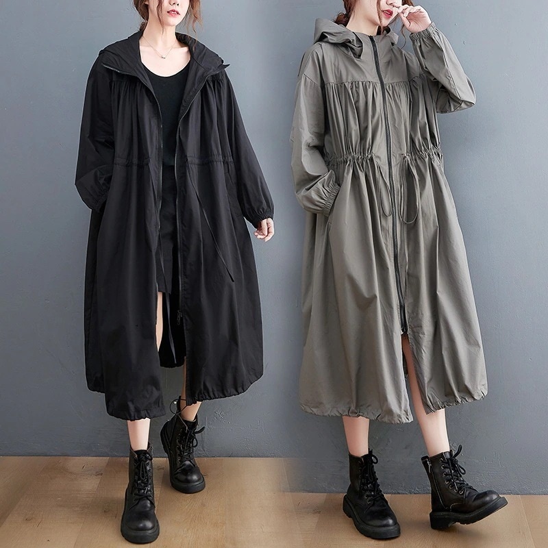 「ファットガール」春 パーカー トレンチコート ジップ カーディガン 大きいサイズ 巾着 着痩せ ファスナー フード付き 体型カバー ロング アウター メガ割