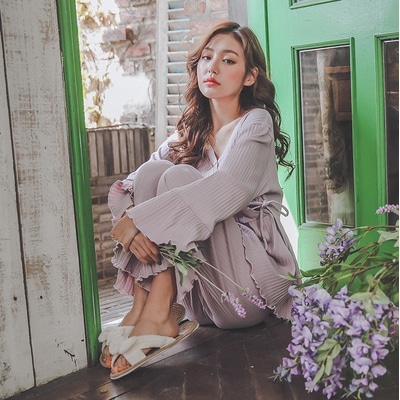 【送料無料】マタニティ パジャマ カシュクール サイドリボン プリーツ 長袖 フレア 前開き