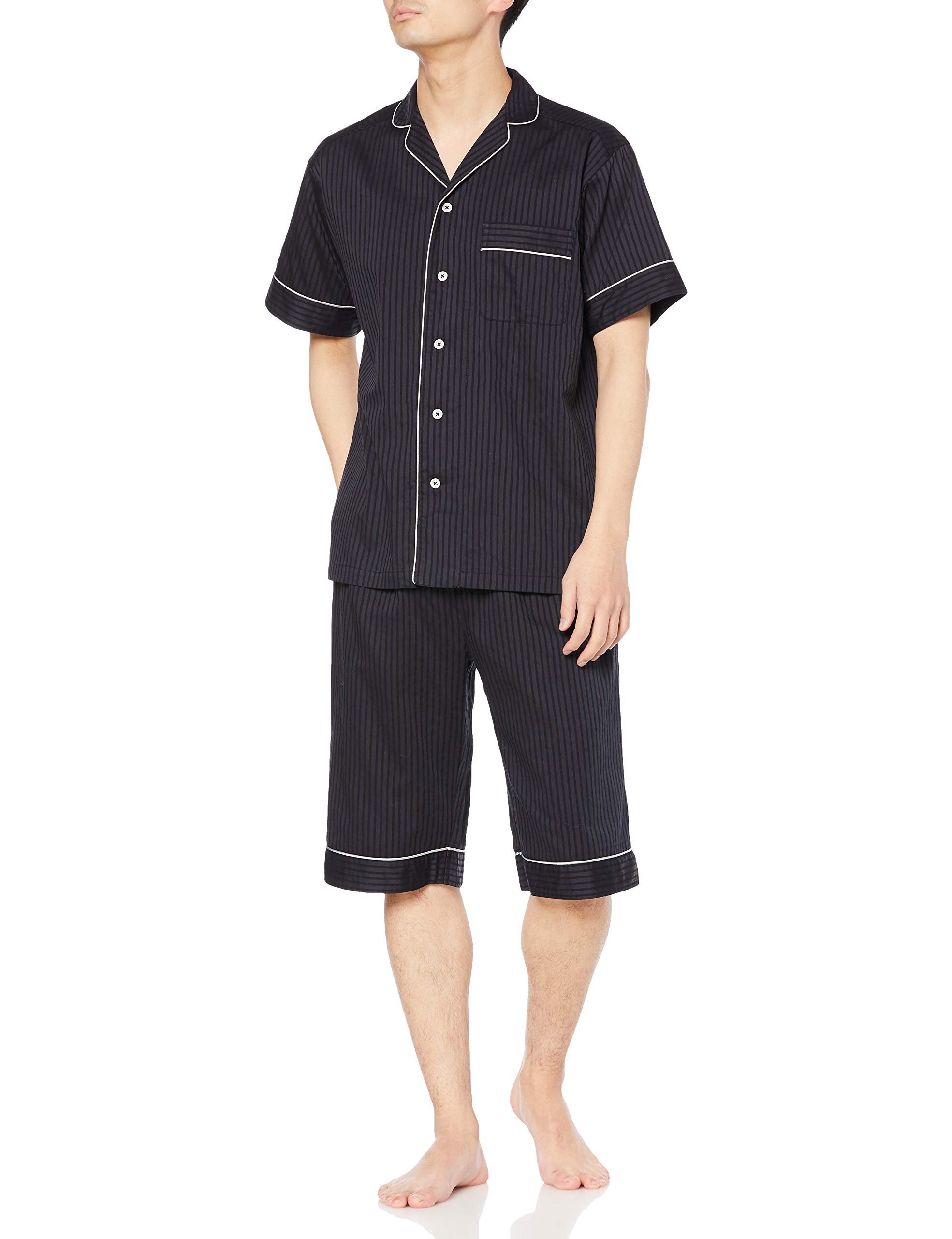 [グンゼ] パジャマ KaiminNavi快眠ナビ半袖6分丈パンツ シルク入りサテンストライプ メンズ ブラック_GM1021 L