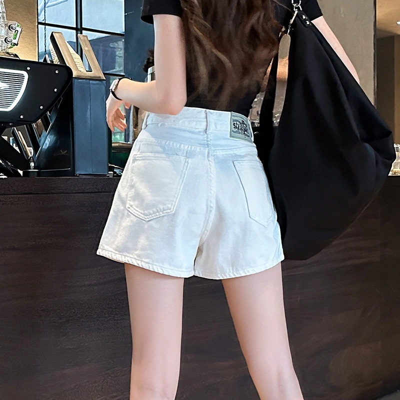 夏に着る女性用ハイウエストデニムショートパンツゆったり着痩せブルーの小さいワイドレッグaラインホットパンツ薄いセクション