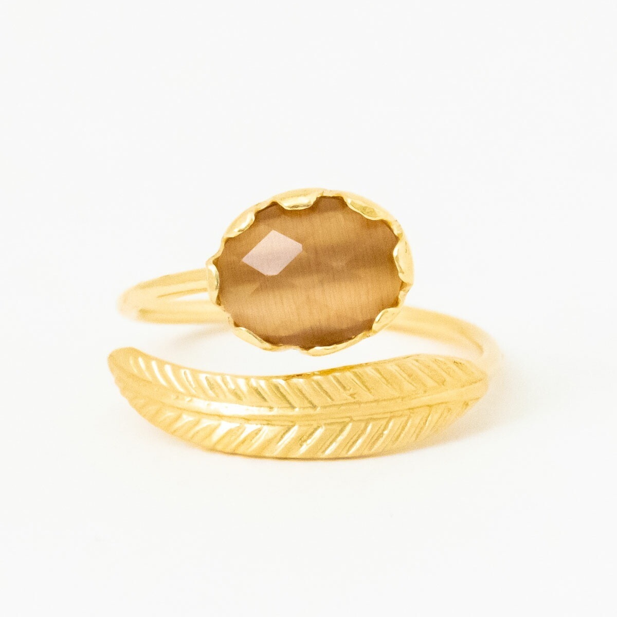 MESH フェザーストーン ベージュ オープンリング フリーサイズ シルバー925 18Kゴールドコート Gold Ring 指輪 調節可能 ギフトBOX入り ジュエリークロス